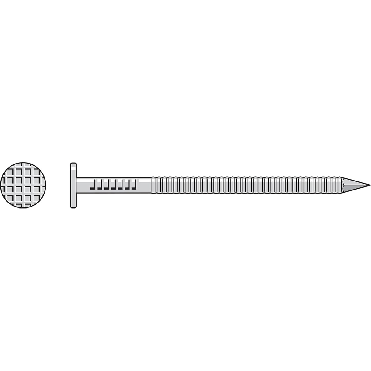 Simpson Strong-Tie Shake and Shingle Siding/Roofing Nail, 1-1/4-in. x .083-in. Type 316, 25 lb. close-up showing checkered full round head, ring shank, and diamond point for wood fastening