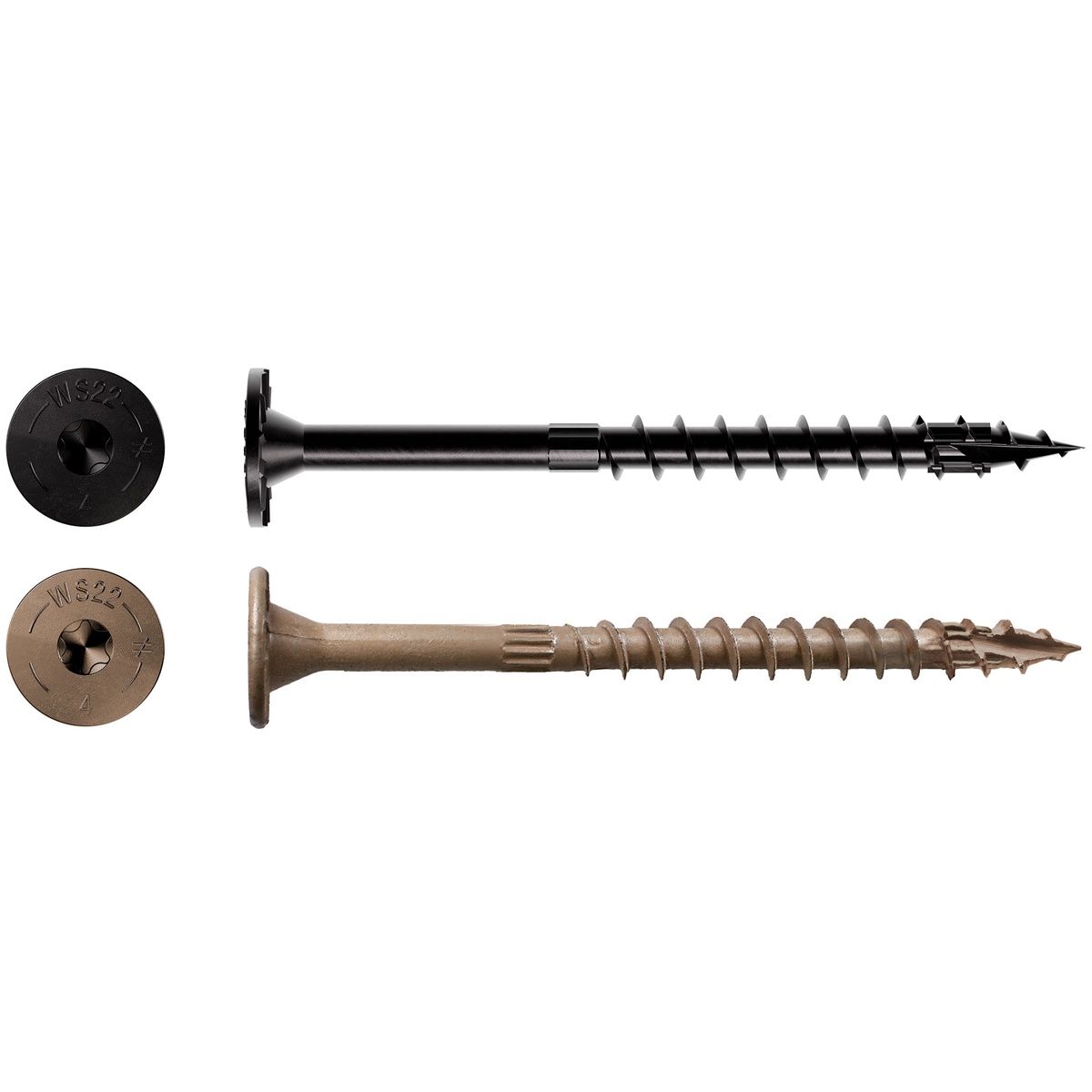 Simpson Strong-Tie SDWS221000DB-R50 Strong-Drive SDWS TIMBER Screw close-up showing 6-lobe drive, washer head, thread profile, and SawTooth point