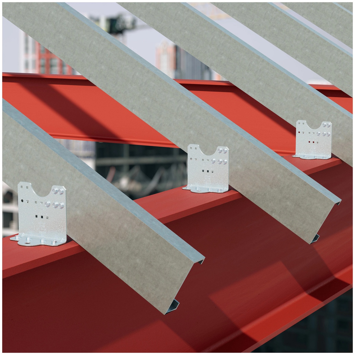 Simpson Strong-Tie SSC4.25-R50 steel stud clip installed on steel framing members in a cold-formed steel structural connection on a commercial jobsite
