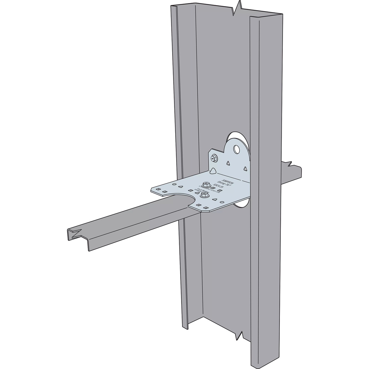 Simpson Strong-Tie SSC4.25-R50 steel stud clip shown in a framing illustration connecting u-channel bridging to a cold-formed steel stud assembly
