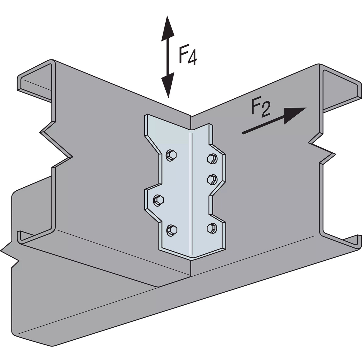 Simpson Strong-Tie L50Z Reinforcing L Angle installation illustration showing the angle fastened between framing members with load directions identified