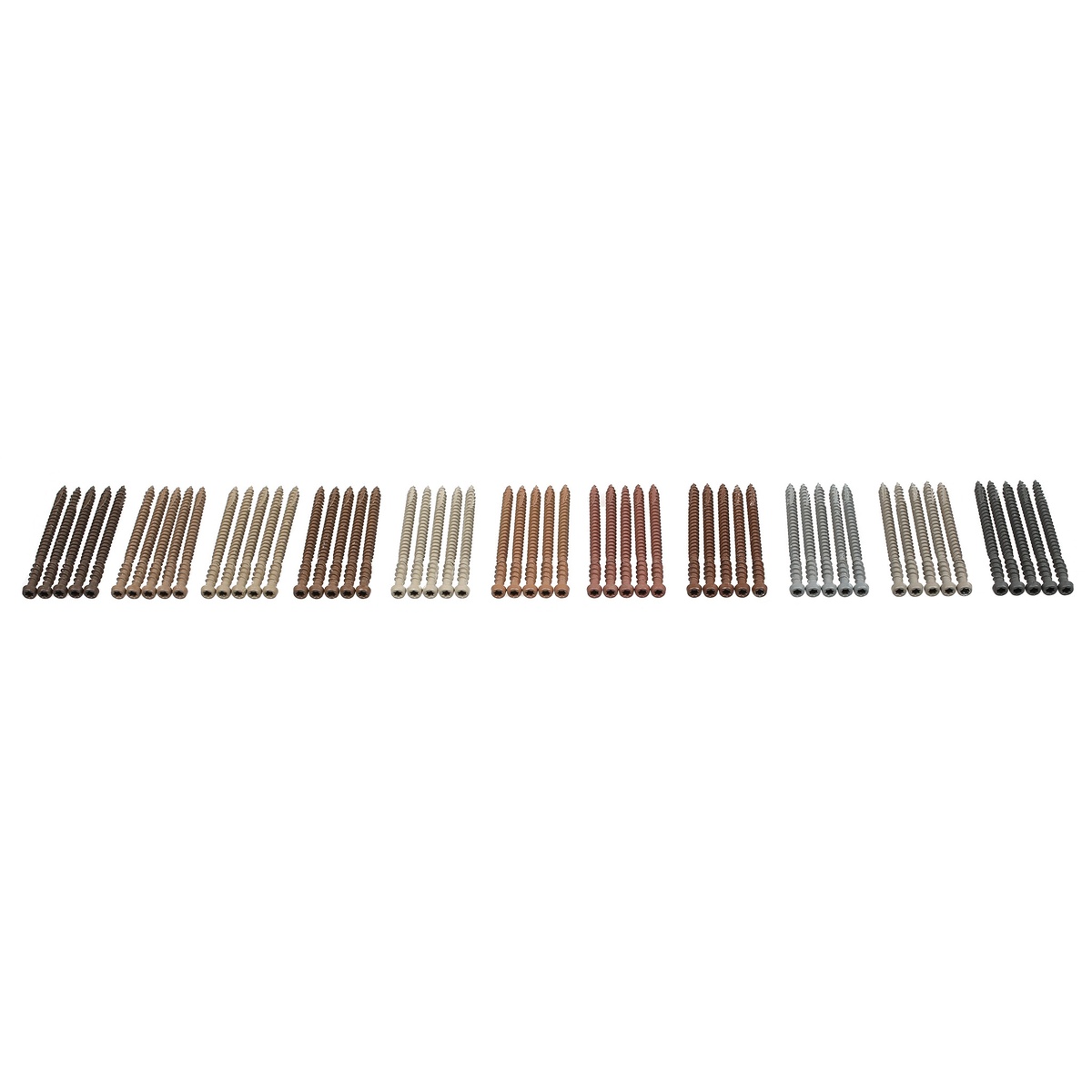 Simpson Strong-Tie Deck-Drive DCU COMPOSITE Screw, #10 x 2-3/4-in. T20, Quik Guard, Tan 01, 70-Pack shown with other DCU screw head colors for matching composite decking finishes