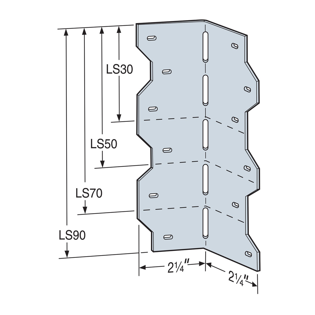 Simpson Strong-Tie LS90Z Reinforcing Angle size diagram showing 7-7/8 inch length and 2-1/4 inch legs for wood-to-wood fastening and framing reinforcement