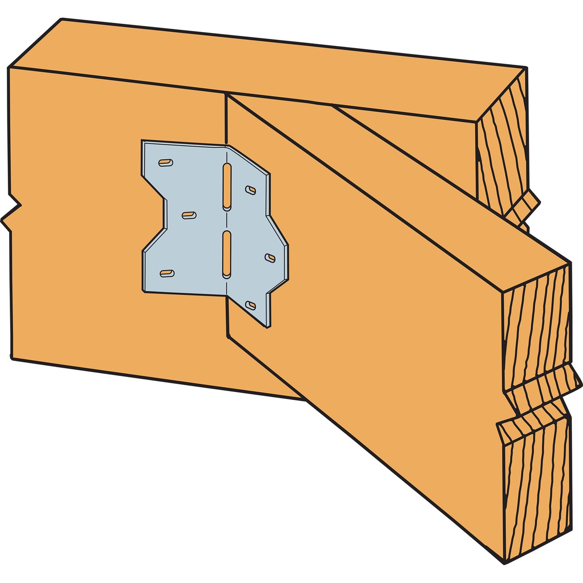 Simpson Strong-Tie skewable reinforcing angle installed in a wood-to-wood framing connection to reinforce an angled structural joint during carpentry work