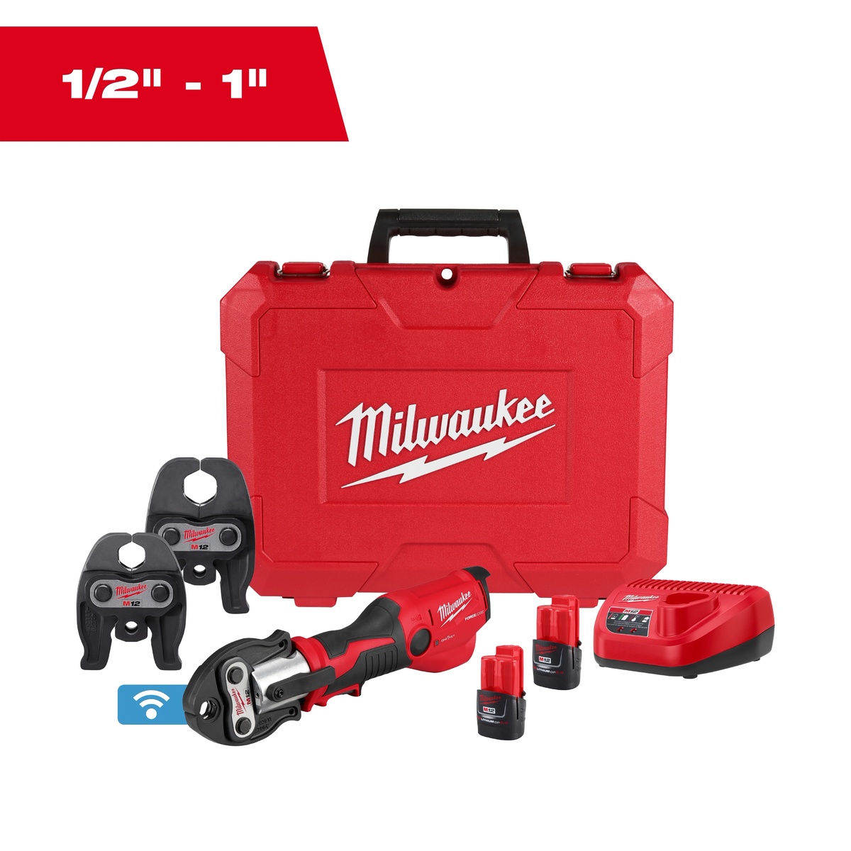 Milwaukee 2573-22 M12 FORCE LOGIC Press Tool Kit w/ ONE-KEY with 1/2 in. - 1 in. CTS-V Jaws with charger batteries carrying case and press jaws for service plumbing work