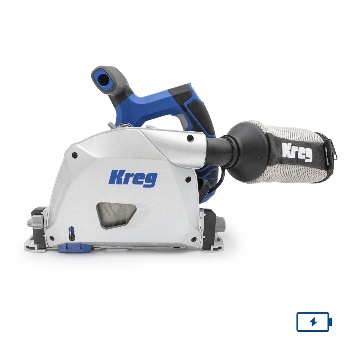 Kreg 20V Ionic Drive 6-1/2 inch Plunge-Cut Track Saw with dust bag attached for guided plywood cutting in a woodworking shop