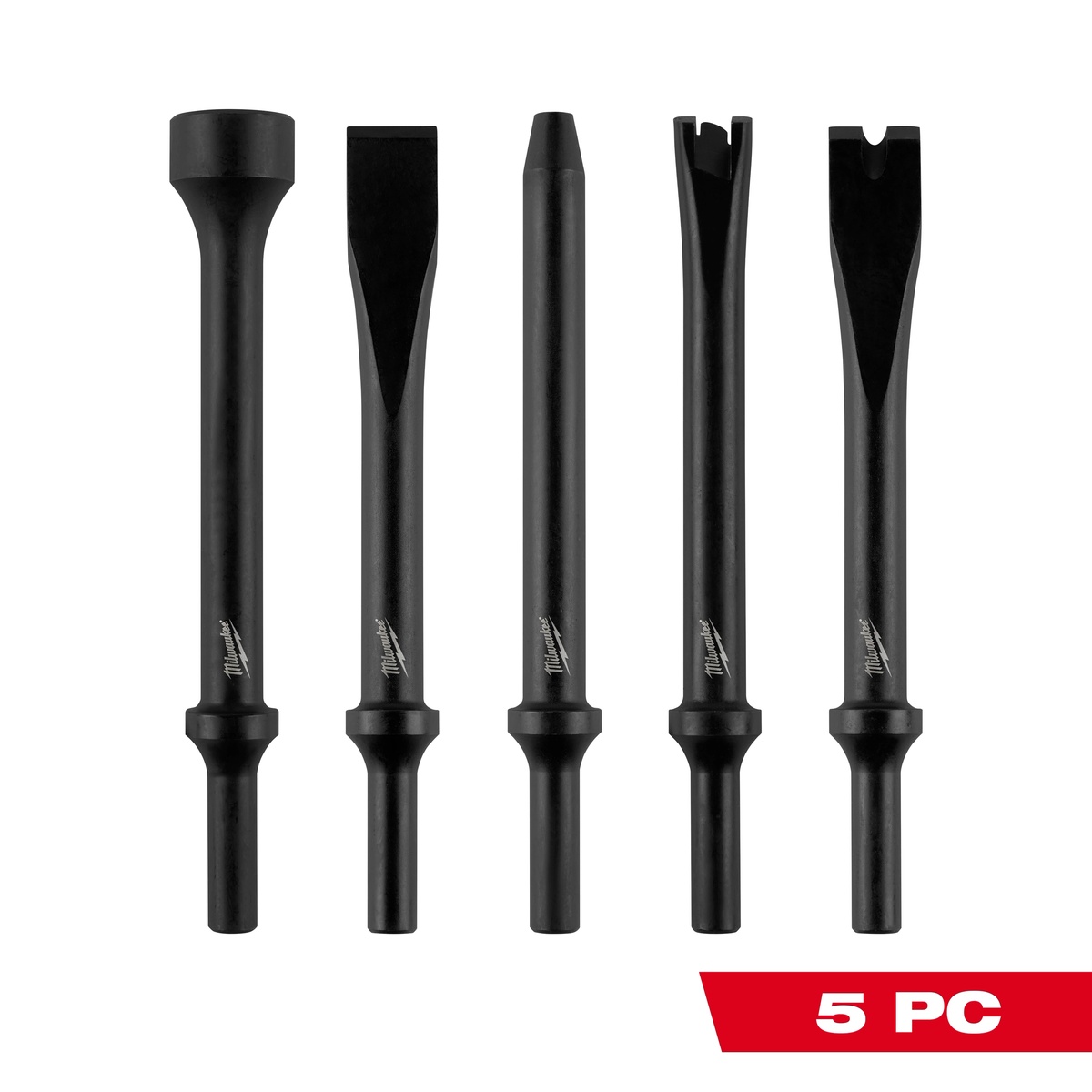 Milwaukee 5-Piece Hammer Chisel Bit Set with five .401 round shank attachments arranged for shop and metalworking use