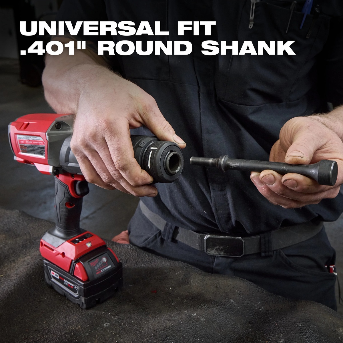 Milwaukee 5-Piece Hammer Chisel Bit Set being installed into a compatible .401 round shank hammer chisel in a workshop