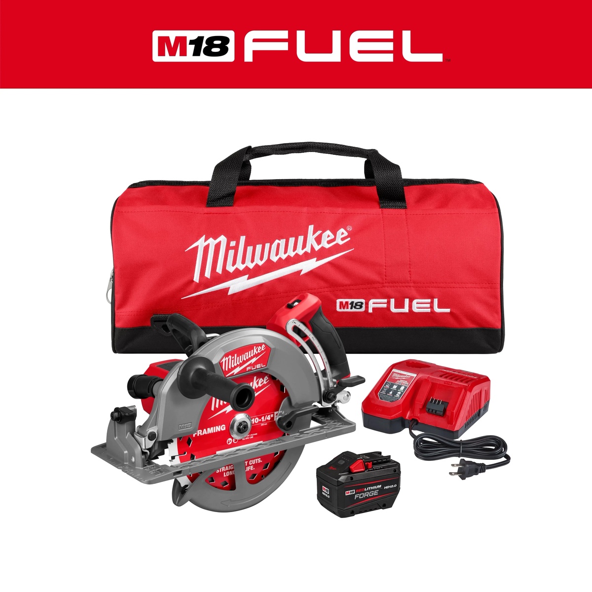 Milwaukee M18 FUEL 10-1/4 inch Rear Handle Circular Saw Kit with FORGE battery rapid charger contractor bag and framing blade for jobsite use