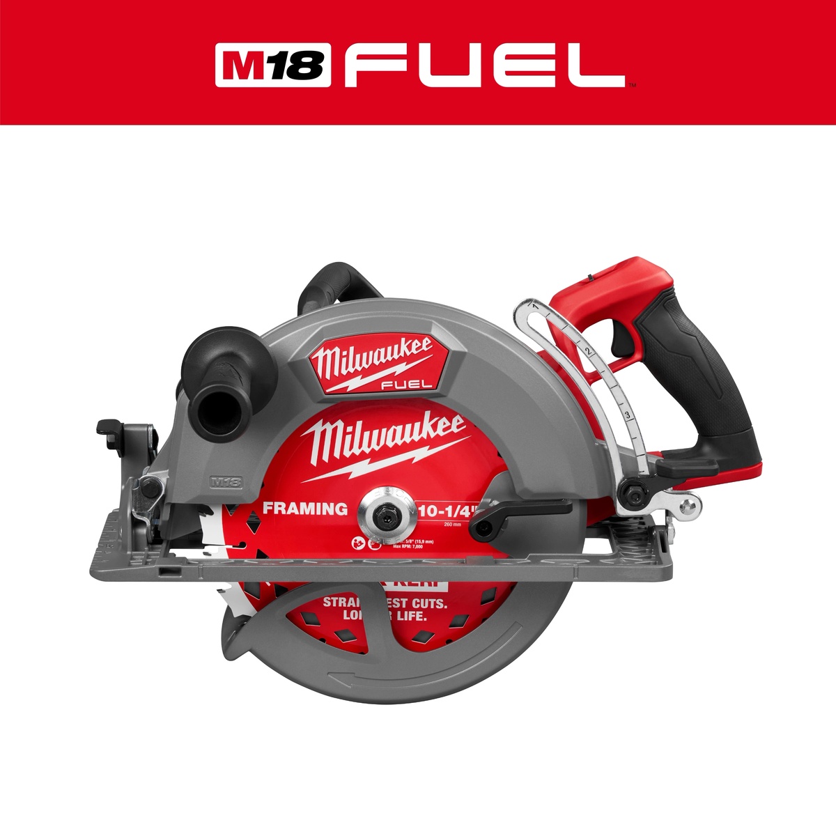 Milwaukee M18 FUEL 10-1/4-in. Rear Handle Circular Saw product view showing cordless large-blade framing saw for professional construction use