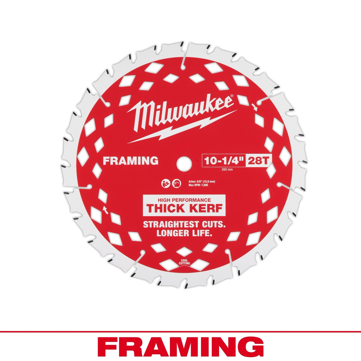 Milwaukee 10-1/4 in 28T Thick Kerf Framing Circular Saw Blade product view showing carbide-tipped framing blade for wood cutting with 5/8 inch arbor