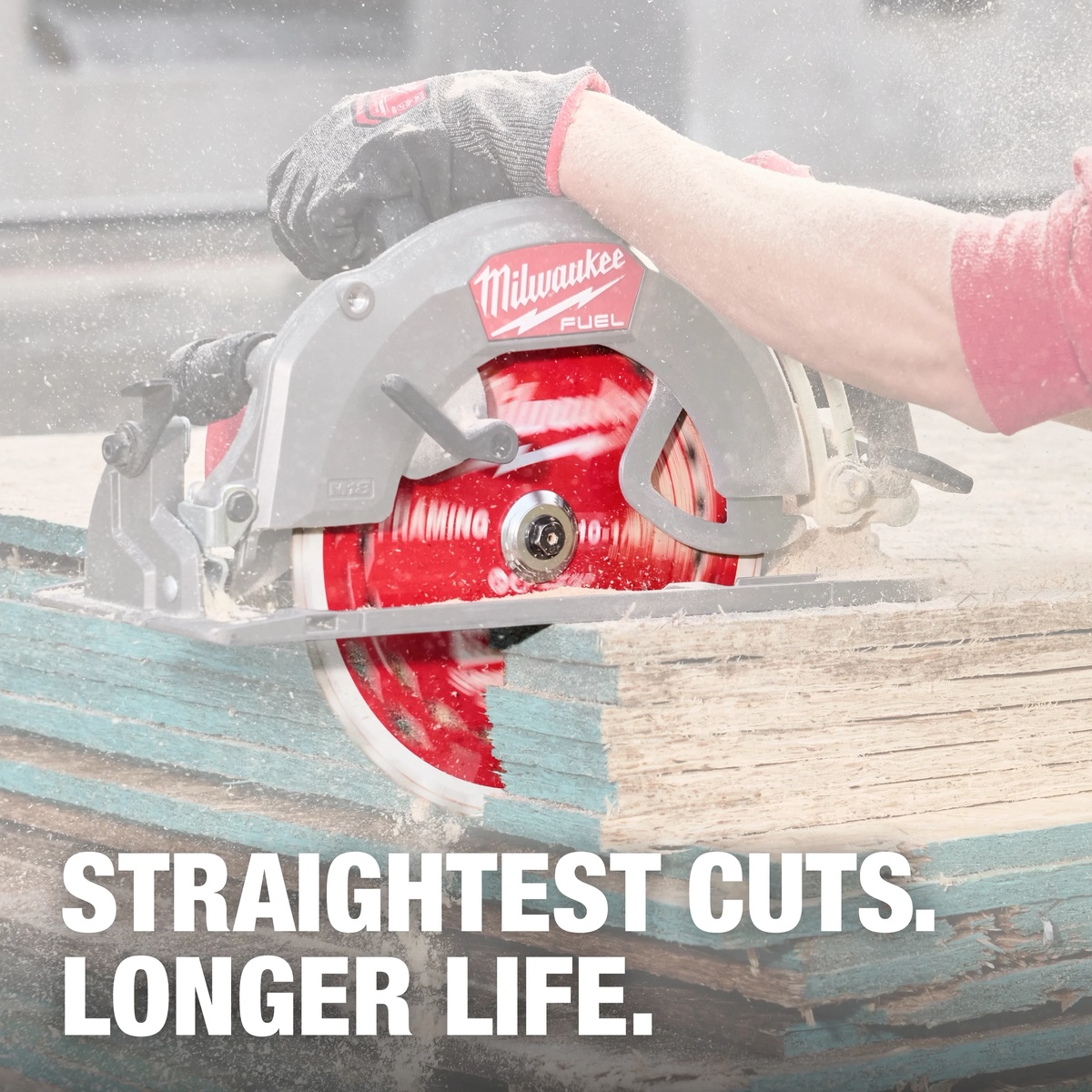 Milwaukee 10-1/4 in 28T Thick Kerf Framing Circular Saw Blade cutting layered wood on a jobsite with a 10-1/4 inch circular saw during framing work