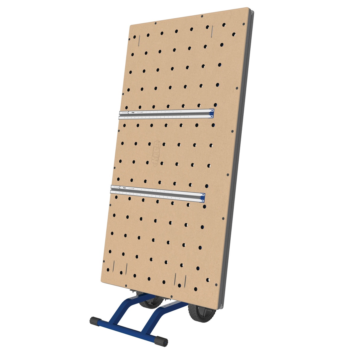 Kreg ACS1000 Adaptive Cutting System Project Table Kit folded upright for storage with rolling base in a compact shop space context