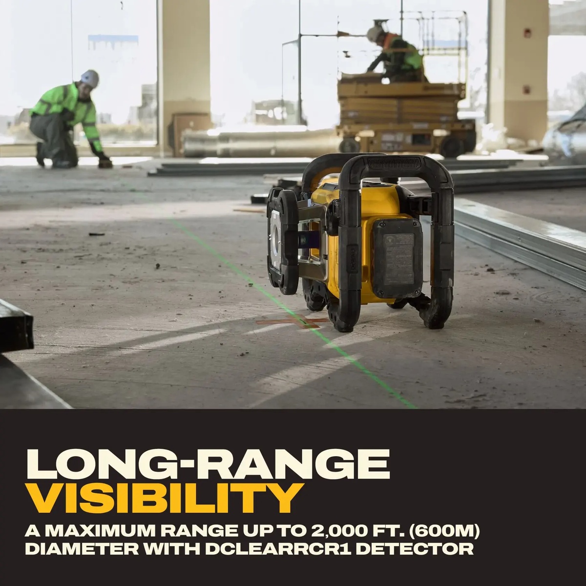 DEWALT DCLE35121GE1 20V MAX XR Green Rotary Laser Base Kit projecting a green layout line across a commercial interior floor during framing and drywall layout work