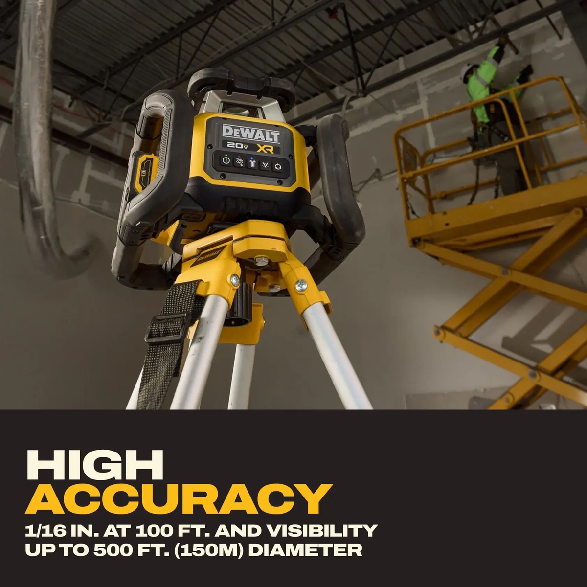 DEWALT DCLE35121GE1 20V MAX XR Green Rotary Laser Base Kit mounted on a tripod for accurate wall and ceiling layout inside a construction space