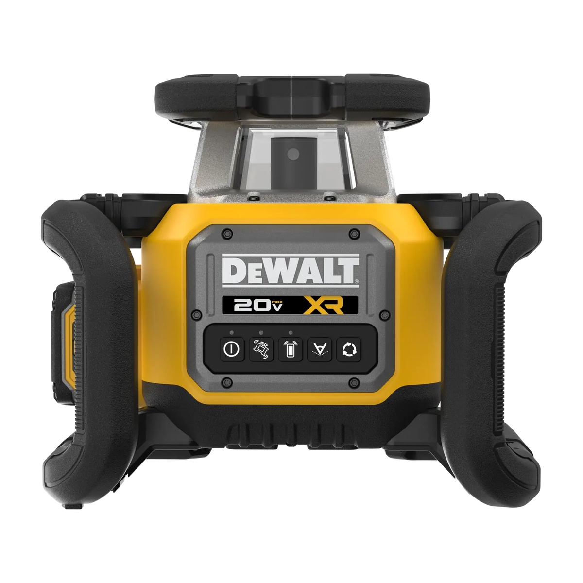 DEWALT DCLE35121GE1 20V MAX XR Green Rotary Laser Base Kit showing the protected housing and control panel for jobsite layout use