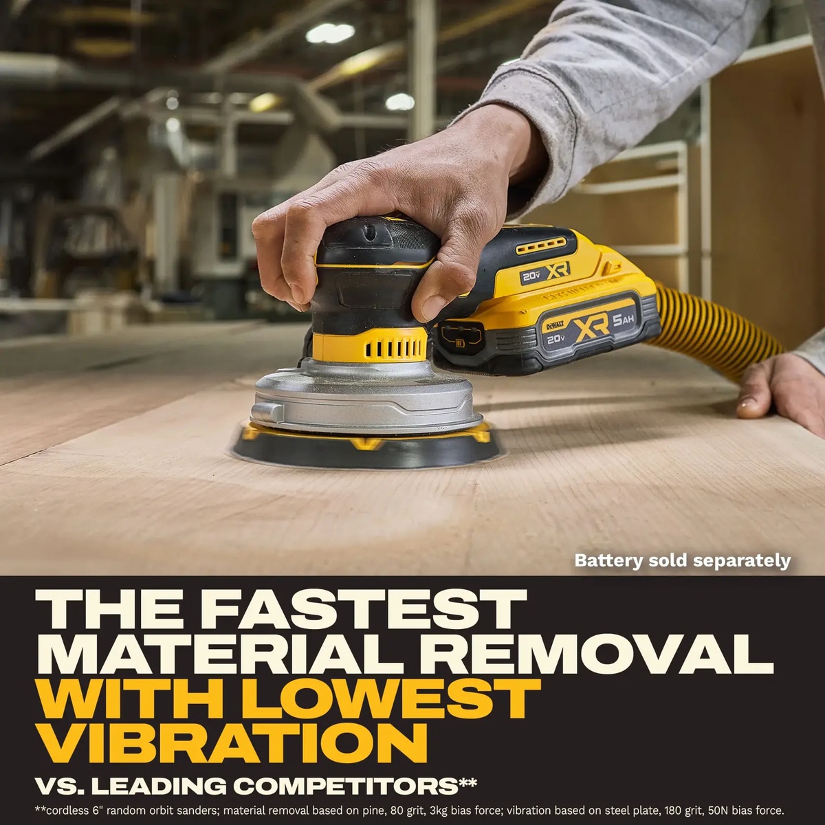 DEWALT DCW230B 20V XR 6-in Random Orbit Sander sanding a large wood panel in a workshop with dust hose attached for surface prep