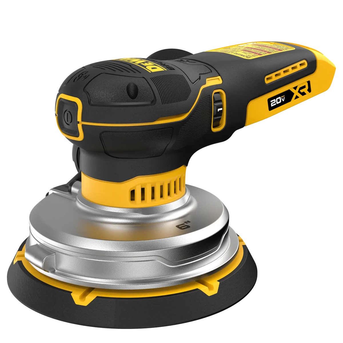 DEWALT DCW230B 20V XR 6-in Random Orbit Sander product view highlighting compact cordless body, 6 inch pad, and dust management design