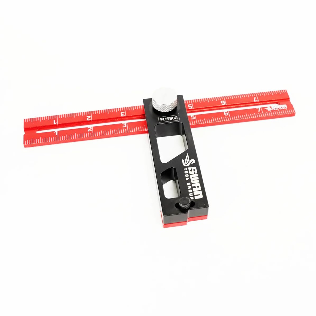 Swan Merlin Flat Double Square FDS800 layout square on a workbench with the 8 inch ruler installed for woodworking measurement and marking tasks