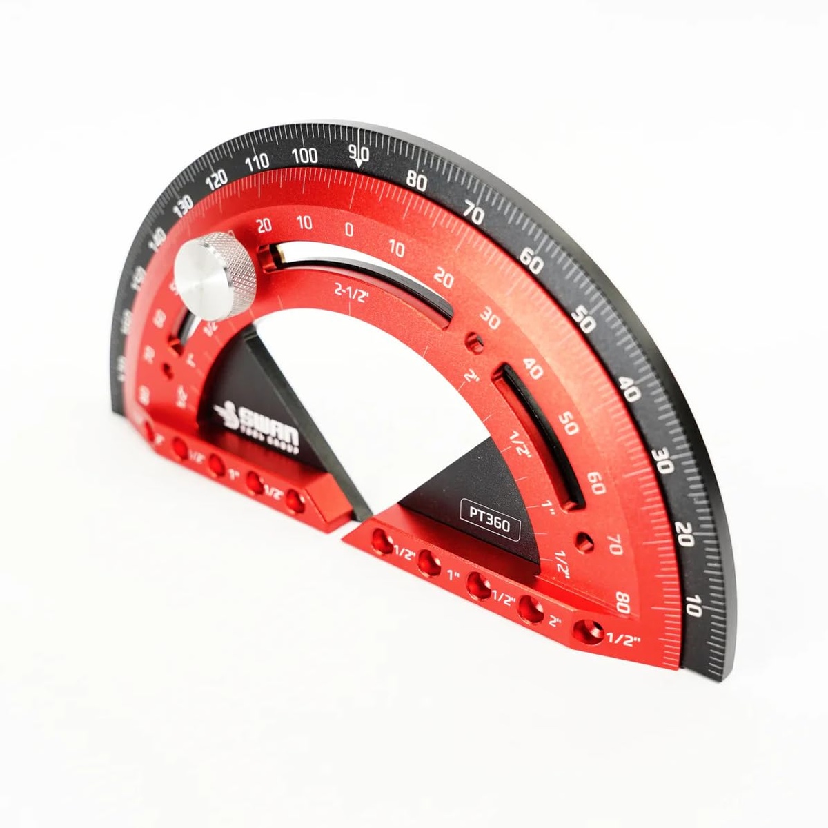 Swan Tyton Pro-Trac Protractor showing laser-etched markings and anodized aluminum body for shop layout work