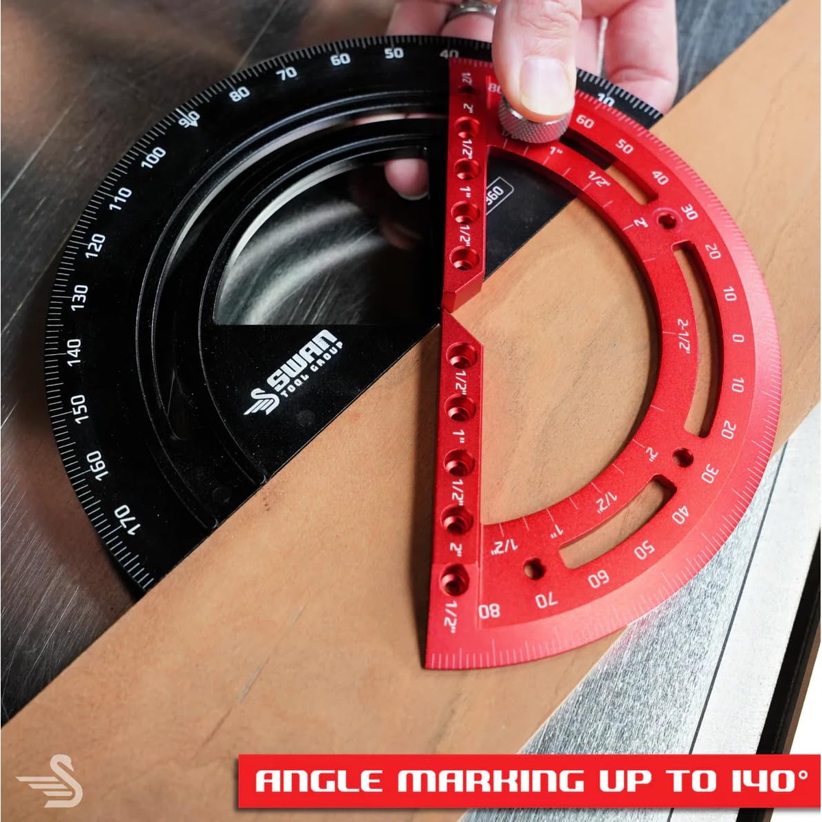 Swan Tyton Pro-Trac Protractor marking an angle on a wood board at a workbench during woodworking layout