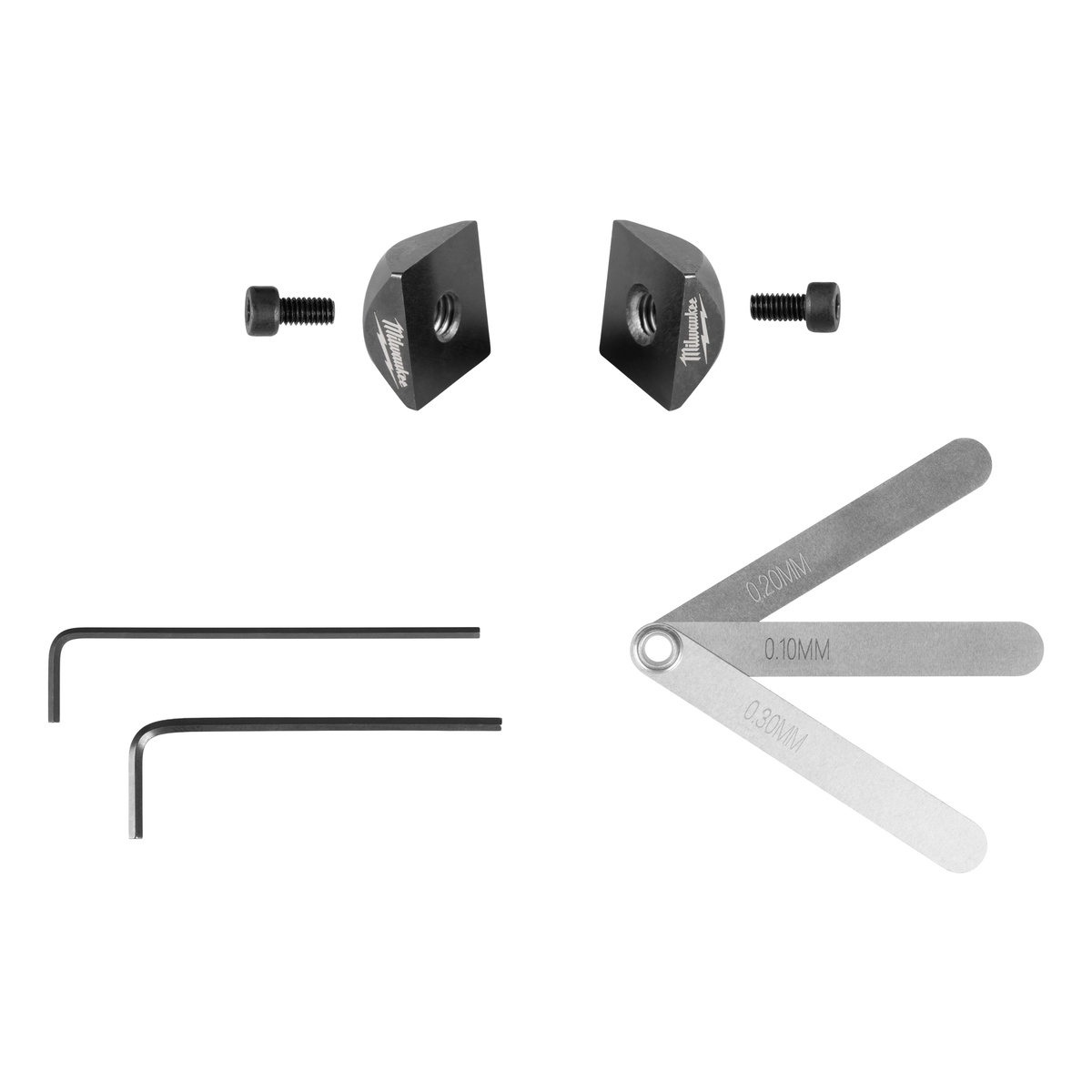 Milwaukee M12 FUEL 16 Gauge Scroll Shear Replacement Blade Set with blades, screws, hex keys, and feeler gauge for field service and blade adjustment