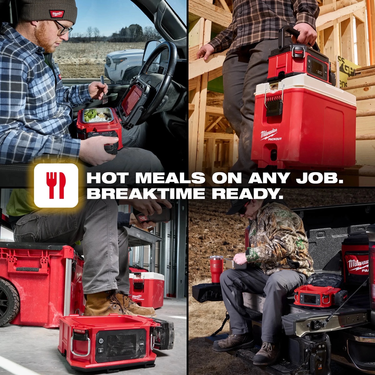 Milwaukee M18 PACKOUT Jobsite Lunch Warmer carried and used across truck, jobsite, and outdoor work settings for portable meal heating