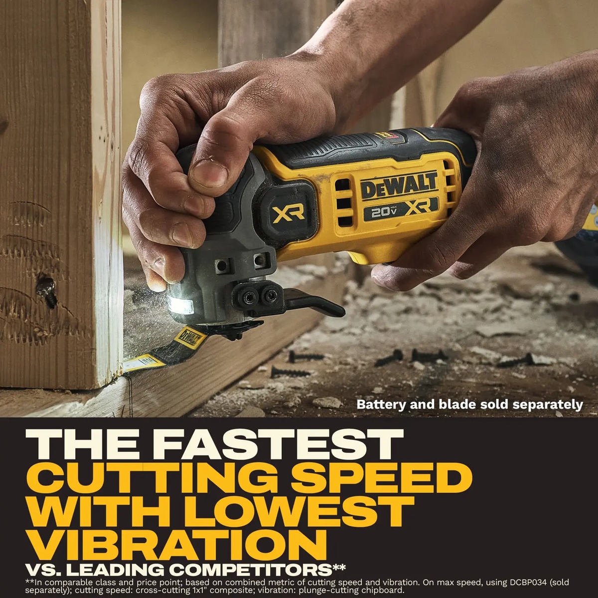DEWALT DCS359B Oscillating Multi-Tool making a plunge cut in wood framing at floor level during remodeling work