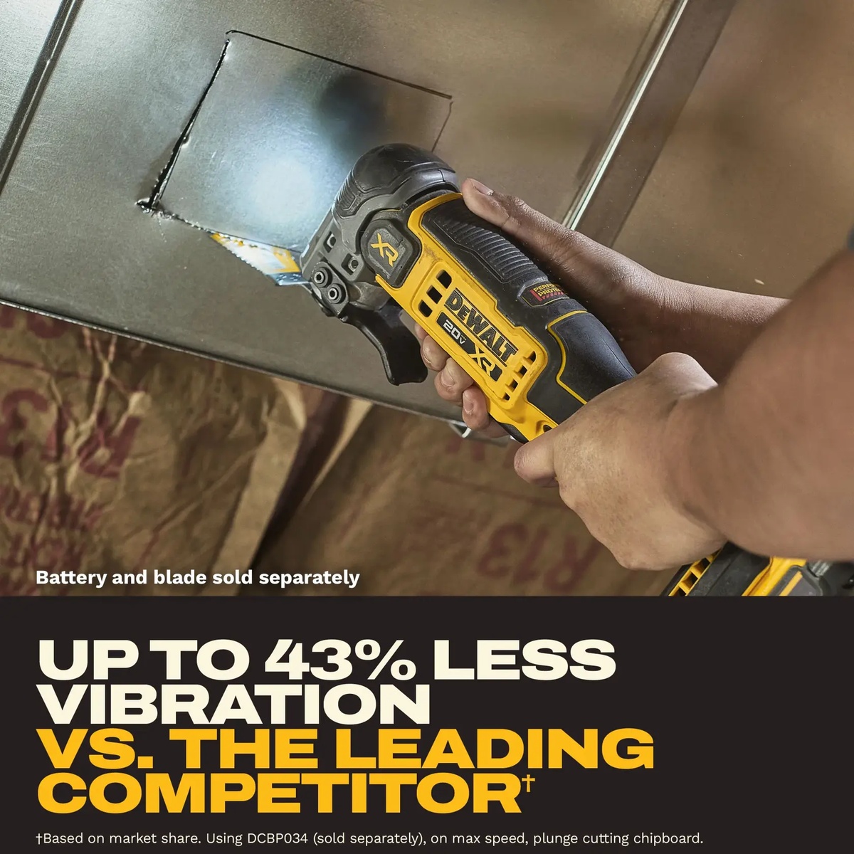 DEWALT DCS359B Oscillating Multi-Tool cutting sheet metal in an overhead HVAC or mechanical installation setting