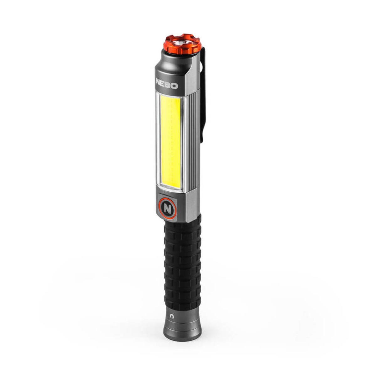 Nebo Big Larry 3 600 Lumen 3-in-1 Flashlight Work Light Task Light upright product view showing aluminum body, clip, and work light panel for everyday carry