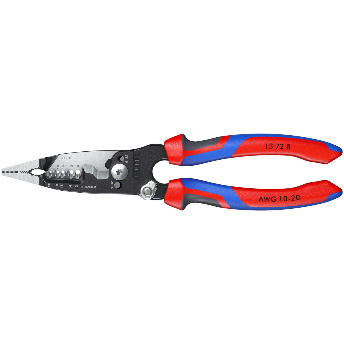Knipex 13 72 8 Forged Wire Stripper 20-10 AWG product view showing forged jaws, shear cutting blades, and KNIPEXTEND comfort handles