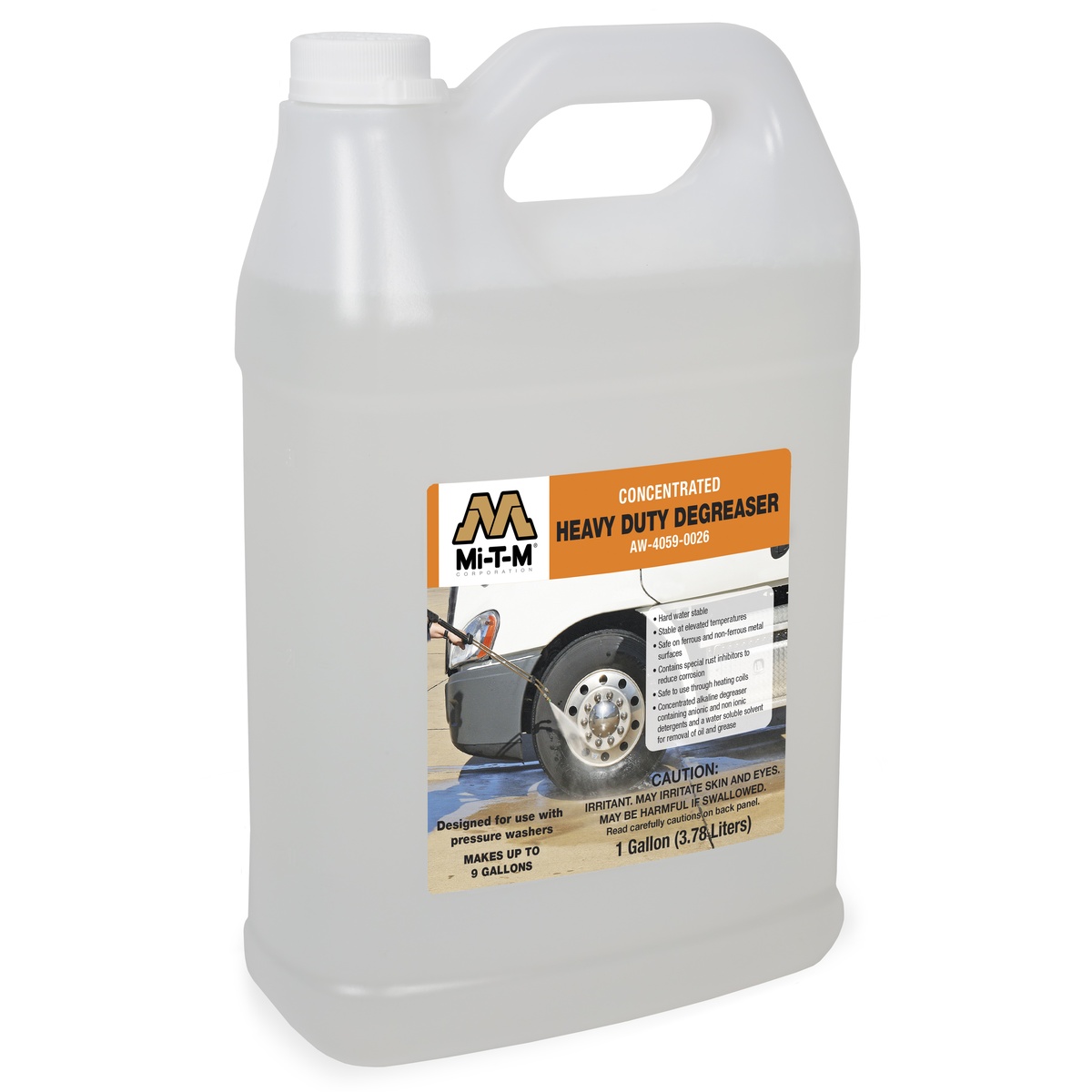Mi-T-M AW-4059-0026 Heavy-Duty Degreaser 1 gallon bottle shown as a concentrated pressure washer cleaning solution for oil and grease removal on equipment and automotive surfaces