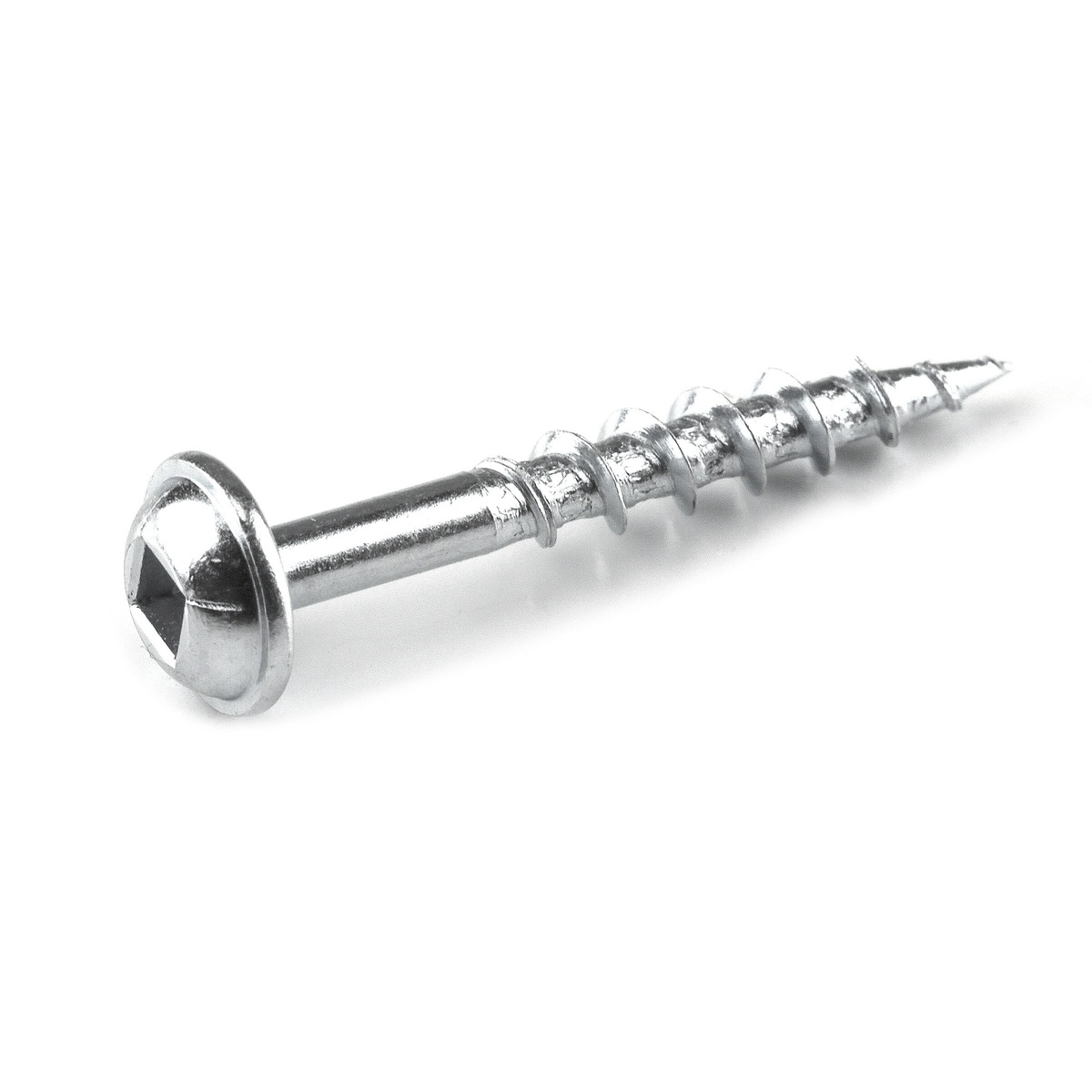 Kreg SML-C125-1200 Zinc Pocket-Hole Screws close-up showing the washer head, square drive recess, coarse threads, and self-tapping tip for indoor wood joinery