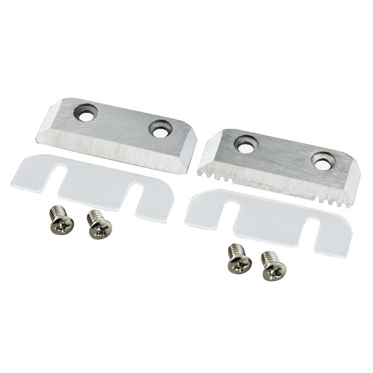 Tajima VARIX EZ Cable Stripper Blade DK-MC40B replacement blade set with straight blade, serrated blade, blade adapters, and screws shown on a clean background for cable stripper maintenance