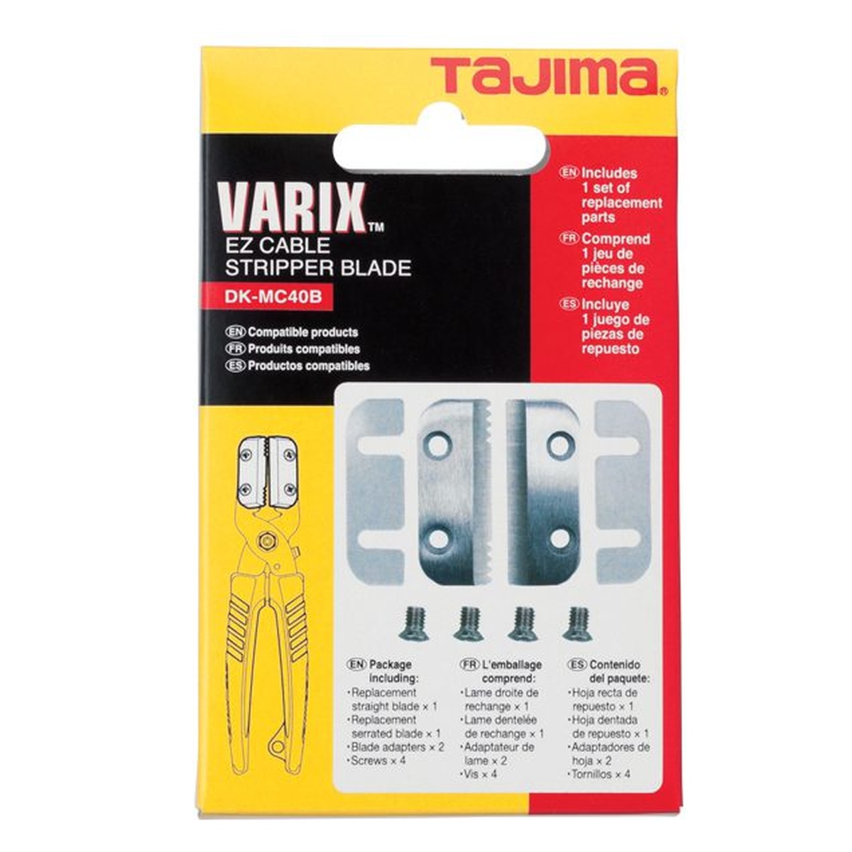 Packaged Tajima VARIX EZ Cable Stripper Blade DK-MC40B replacement parts set in retail packaging for electricians and cable stripping tool upkeep