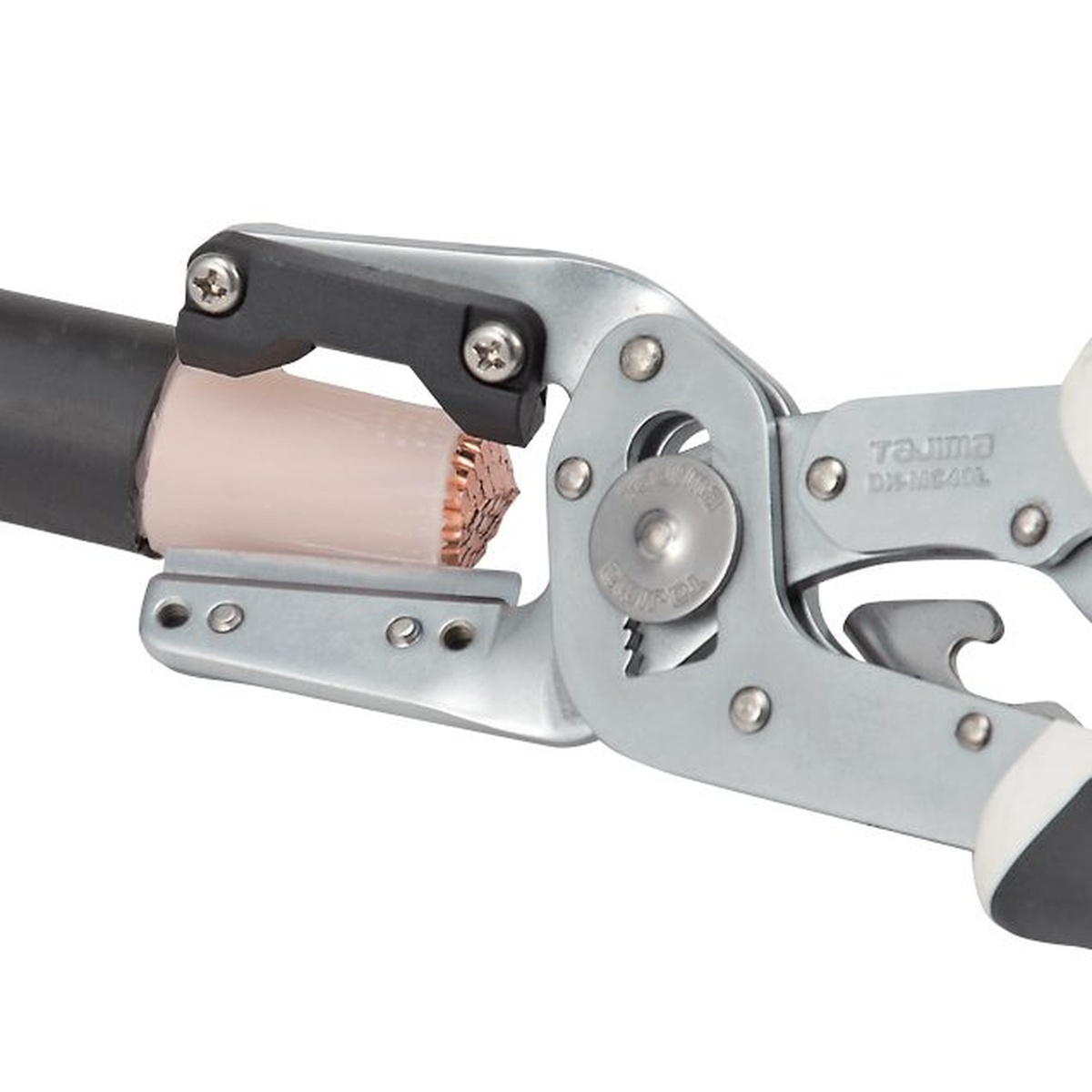Tajima VARIX EZ Cable Stripper guiding a jacket cut on thick electrical cable in close-up