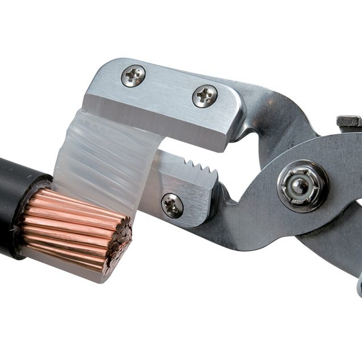 Tajima VARIX EZ Cable Stripper blade lifting cable insulation from copper conductor during stripping work