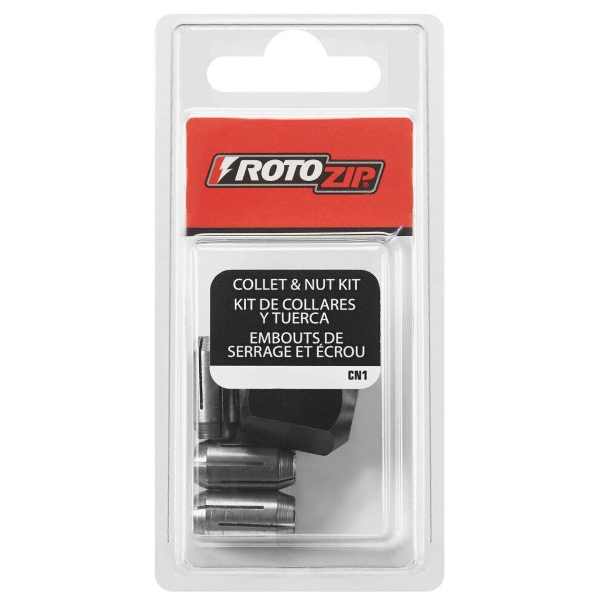 Packaged Rotozip Collets and Nut Kit CN1 replacement collet set for maintaining a RotoZip spiral saw in shop storage