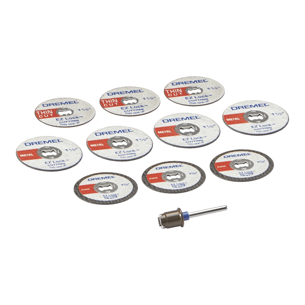 Dremel EZ728-01 11 PC EZ Lock Cutting Rotary Accessories Micro Kit contents laid out with cut-off wheels and EZ Lock mandrel on a clean background