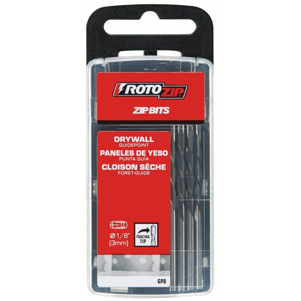 Packaged Rotozip GP8 1/8 in. Drywall Guidepoint Cutting Bits in an 8-pack clamshell package for spiral saw drywall cutting accessories