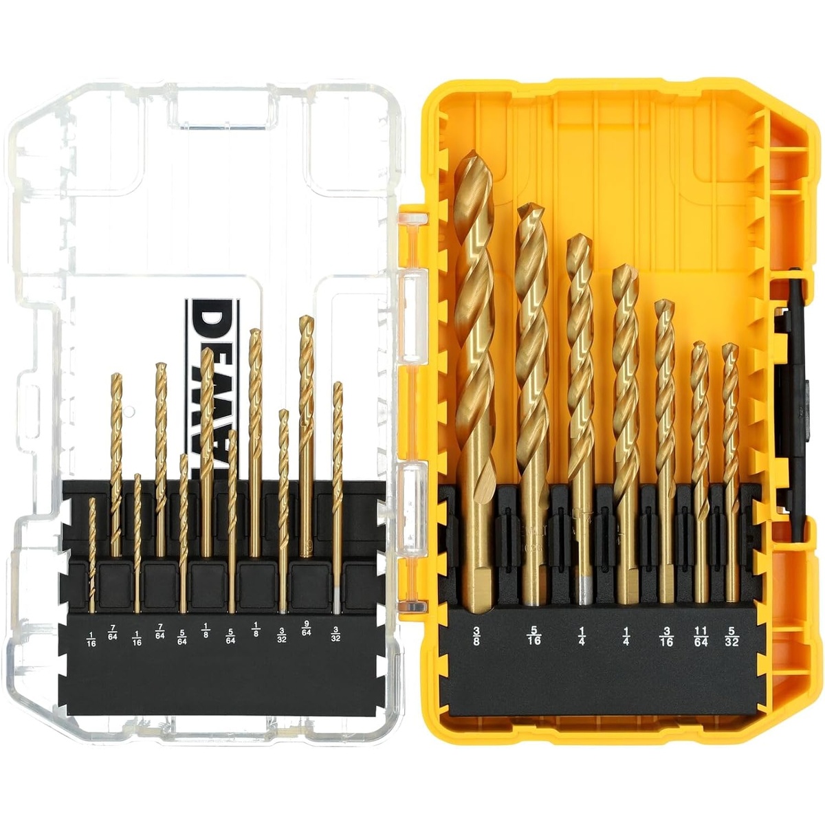 DEWALT DW1367 18 Piece Drill Bit Set opened in its case with organized twist drill bits arranged by size for jobsite drilling and shop work