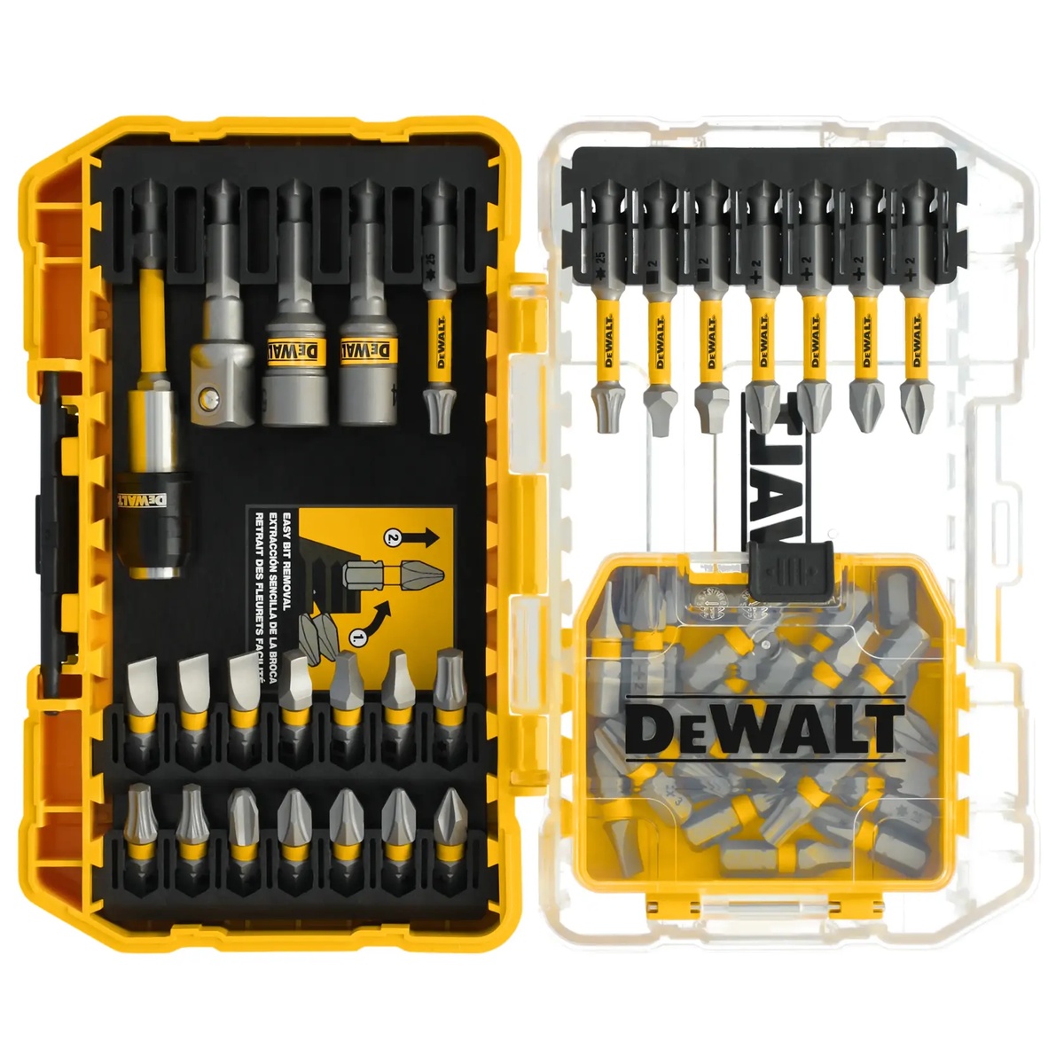 DeWalt Maxfit Ultra Screwdriving Set 50-Piece opened in its storage case with organized screwdriving bits, nut drivers, adapter, and holder laid out for jobsite fastening work