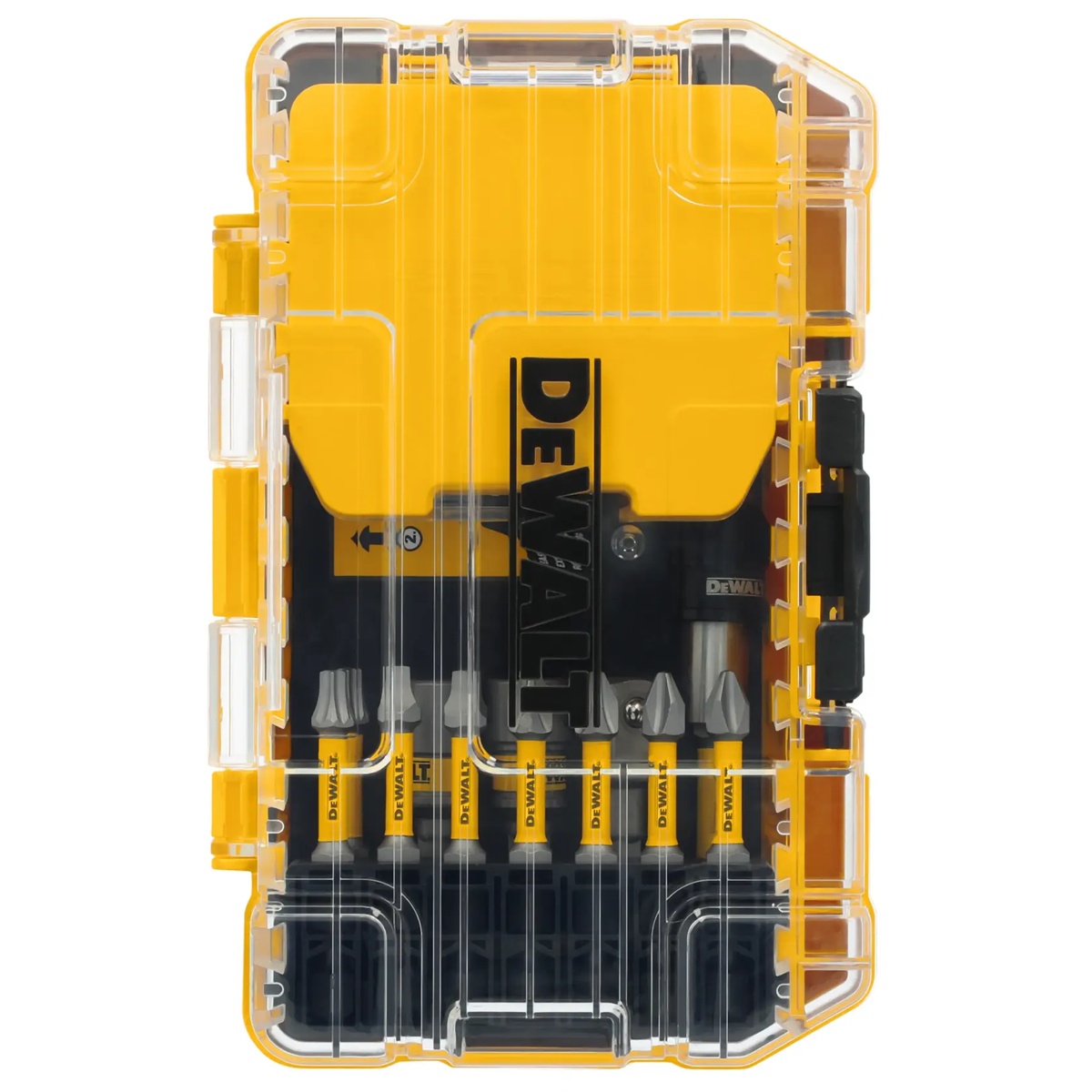 DeWalt Maxfit Ultra Screwdriving Set 50-Piece closed in a clear-lid Tough Case+ for organized transport in a van, toolbox, or job box