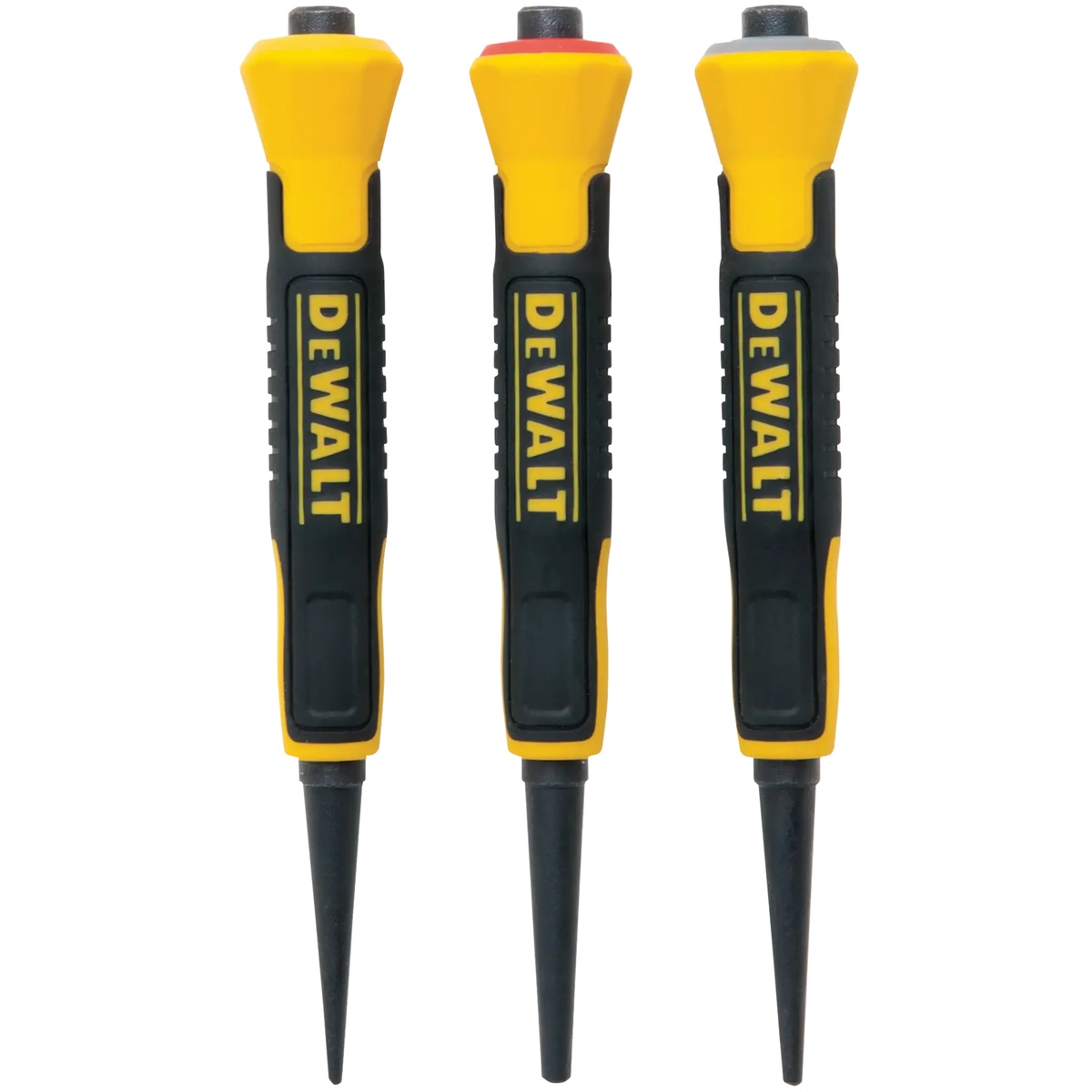 DEWALT DWHT58018 Bi-Material Nail Set standing upright with color-coded tops for selecting the right nail punch size during woodworking and trim repair