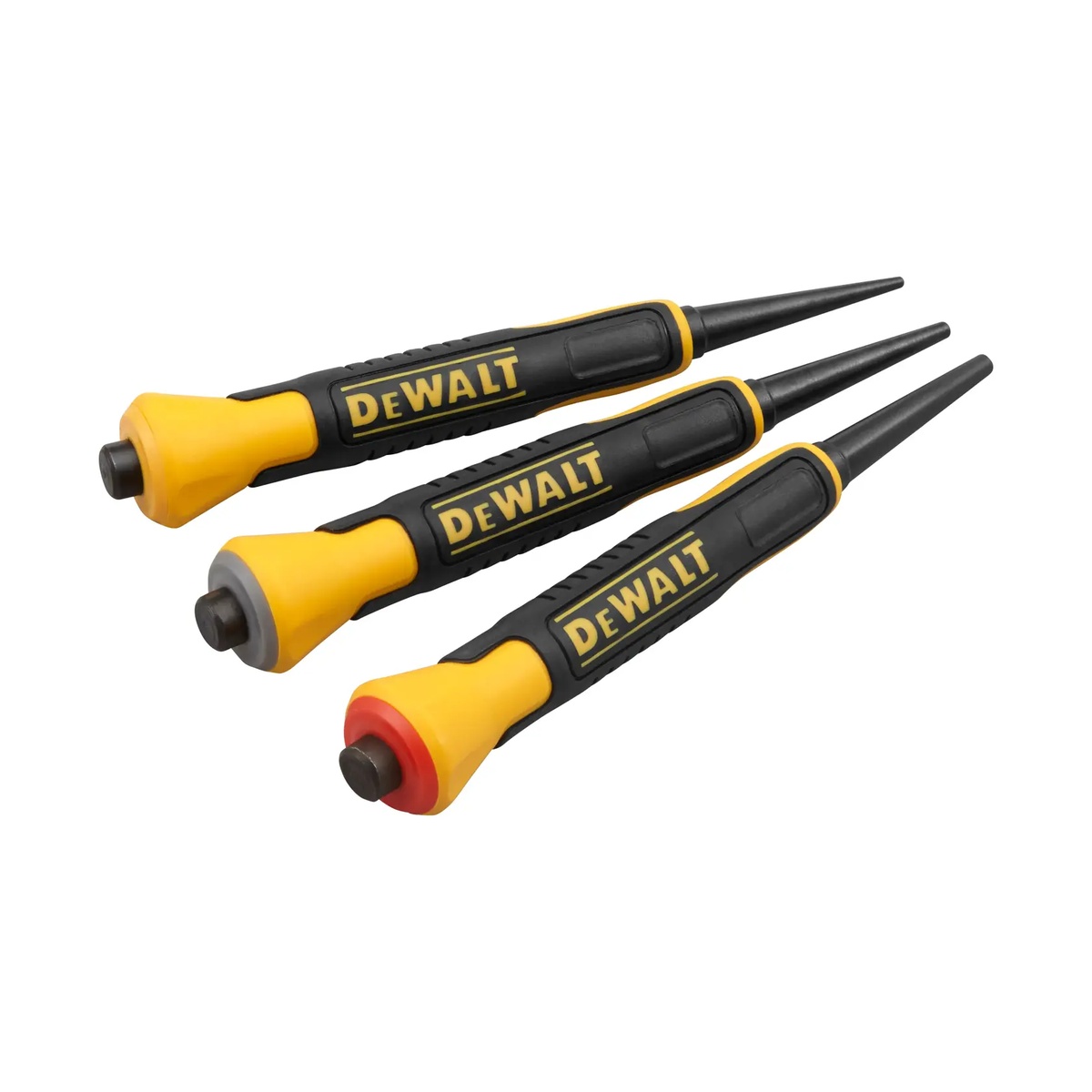 DEWALT DWHT58018 Bi-Material Nail Set shown as a three-piece nail setting hand tool set for trim fastening and finish carpentry on interior woodwork