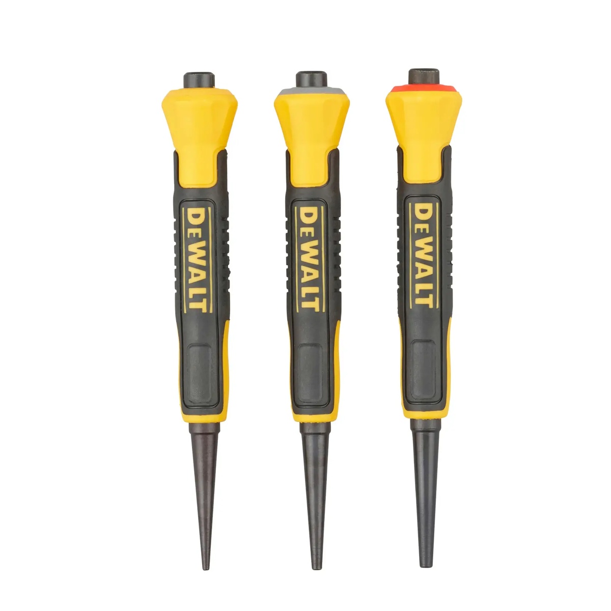 Front view of the DEWALT DWHT58018 Bi-Material Nail Set highlighting the flared handles used for nail setting during trim installation and finish fastening