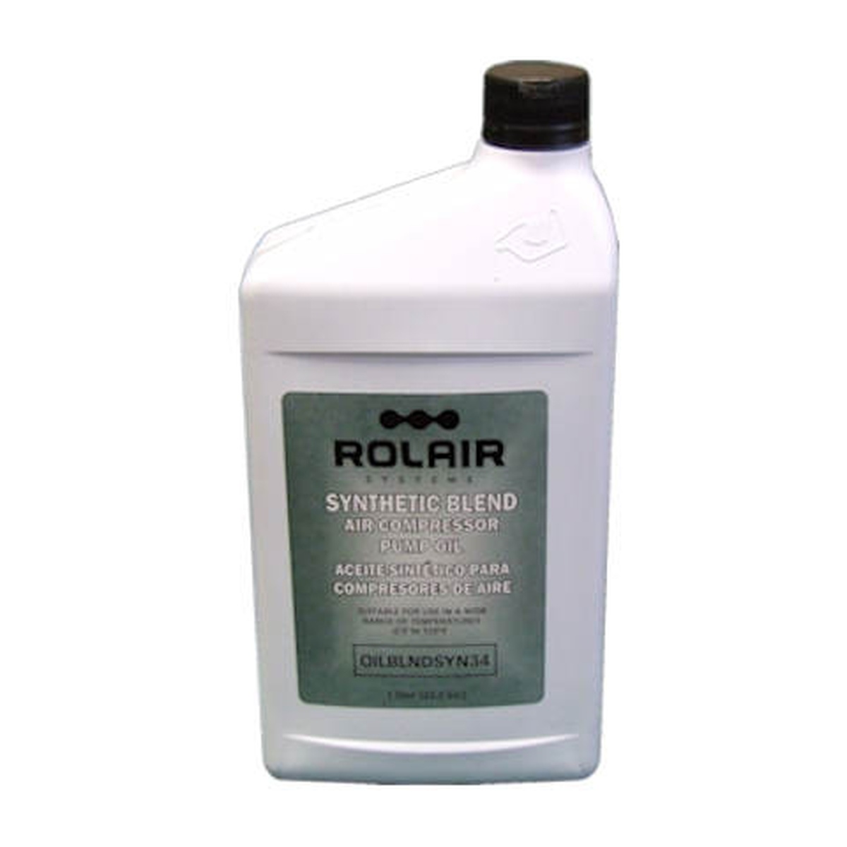 Rolair OILBLNDSYN34 Synthetic Blend Air Compressor Oil bottle shown as a 34 oz maintenance lubricant for oil-lubricated air compressors in shop and jobsite use