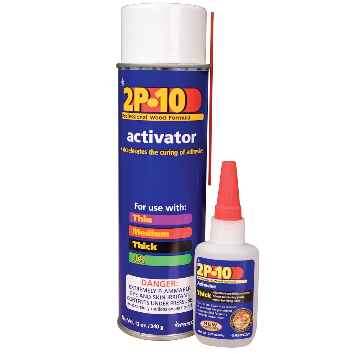 FastCap 2P-10 Solo Kit 2-oz. Thick Adhesive and 12-oz. Activator Bundle shown with spray activator can and adhesive bottle on a clean background