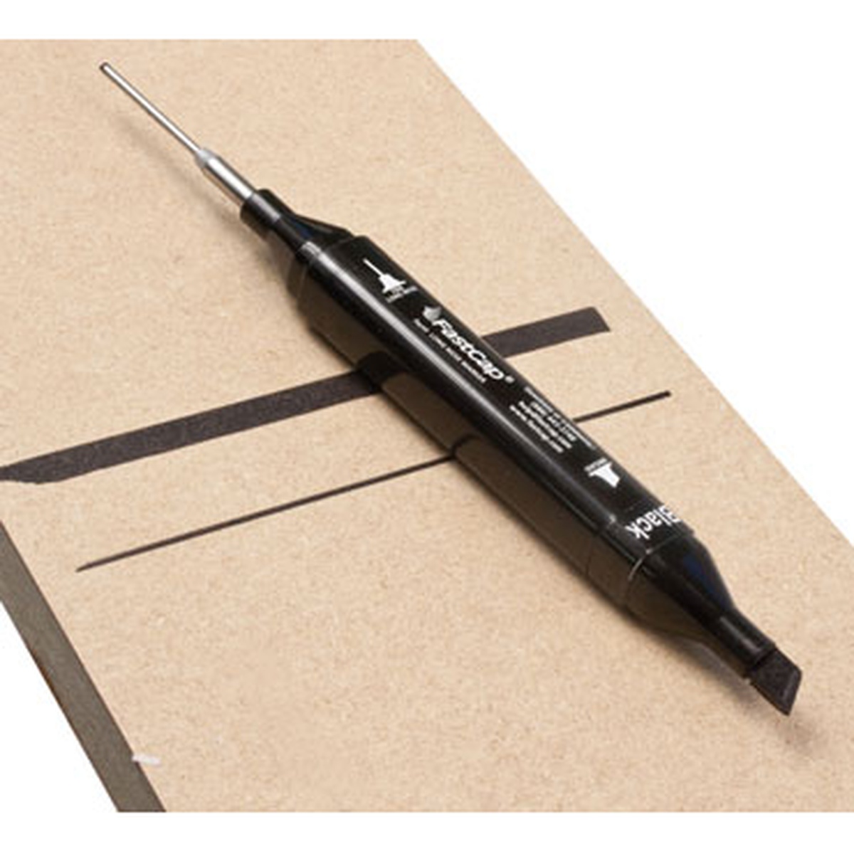 FastCap Long Nose Marker showing the long nose body and chisel tip on a work surface for woodworking layout