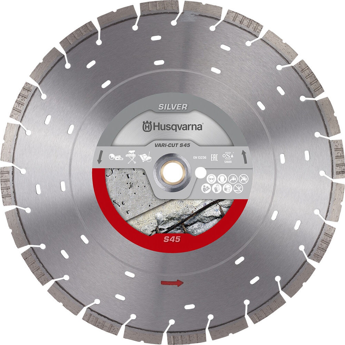 Husqvarna Vari-Cut S45 14 Inch Diamond Blade product image showing segmented rim design for concrete cutting on a masonry and jobsite saw setup